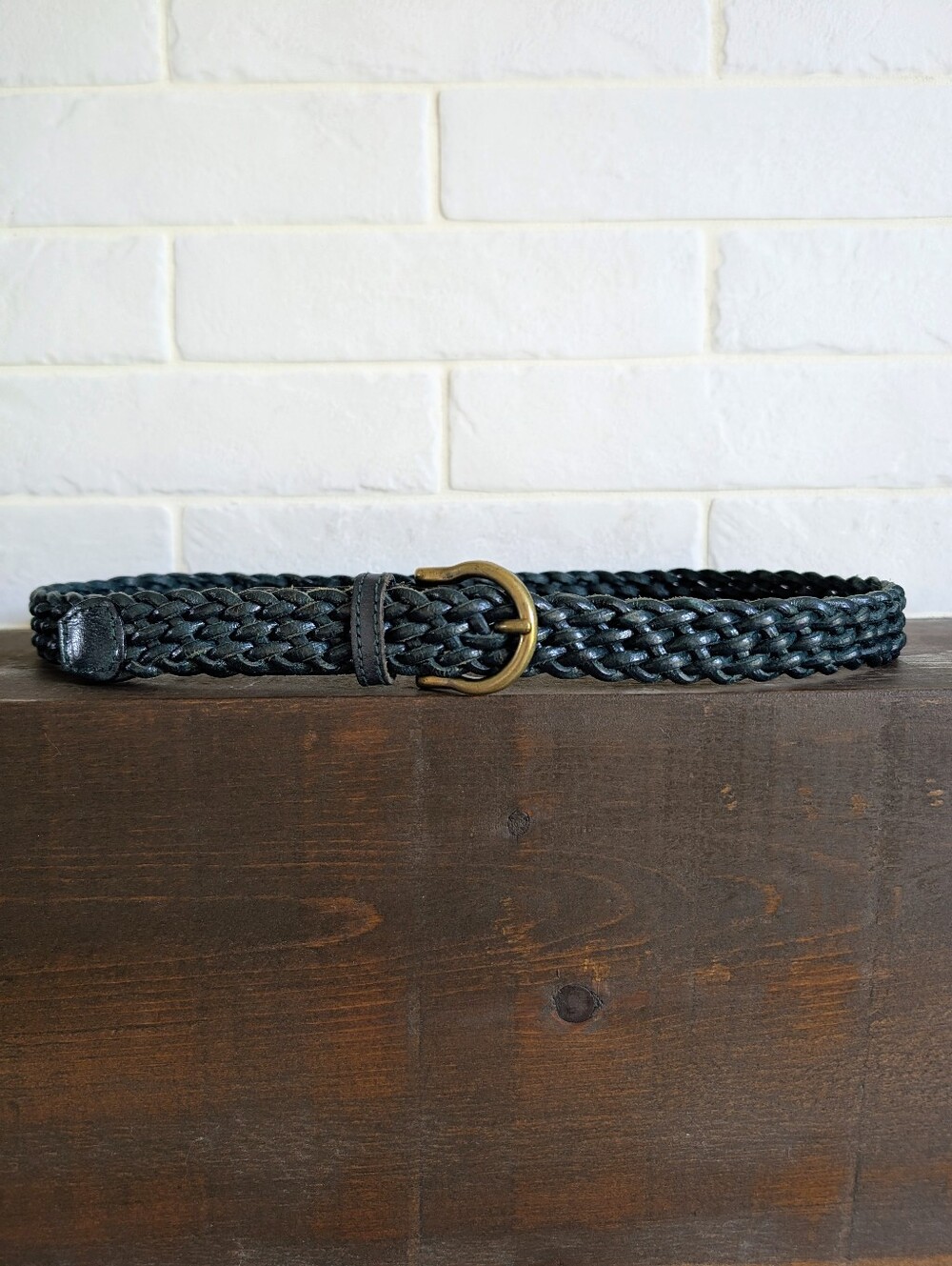 Dark Bottle Green Braided Leather Belt Brass Tone Buckle Large